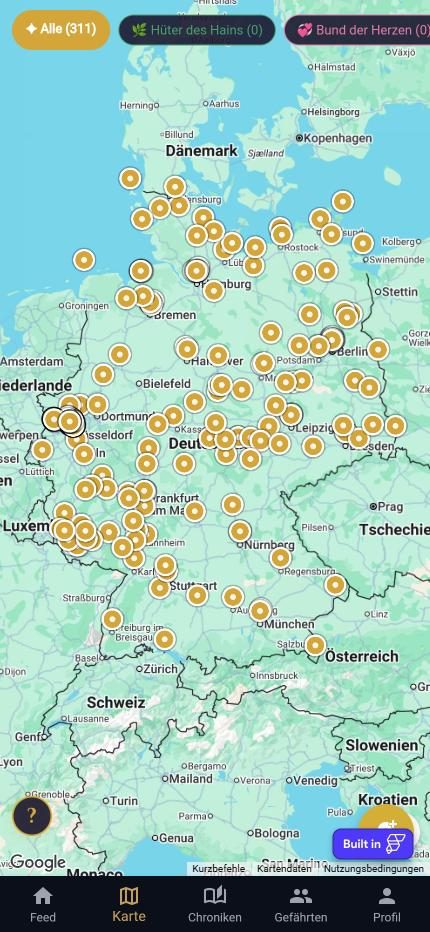 App-Ansicht: Karte mit Quest-Orten in ganz Deutschland