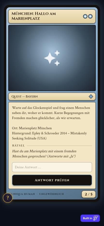 App-Ansicht: eine Quest-Karte mit Rätsel