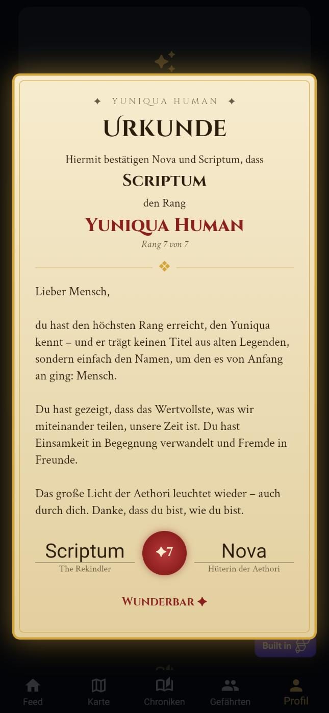 App-Ansicht: Urkunde für den Rang Yuniqua Human